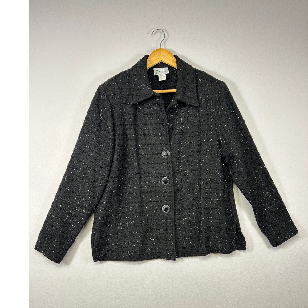 Dark Academia Jacket Women Medium Black Metallic Shimmer Tweed Knit Blazer